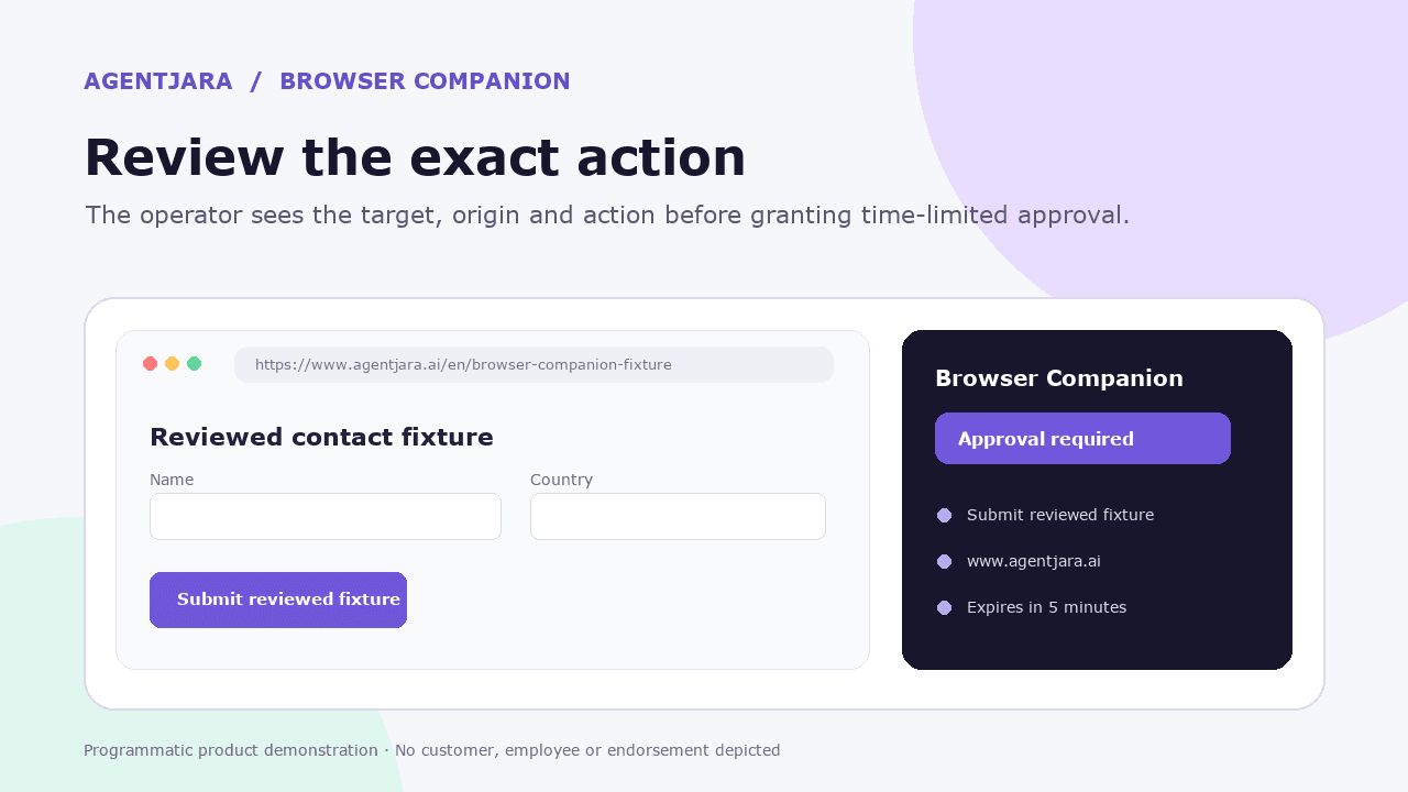 Programmatic AgentJara interface illustration showing exact-action approval review