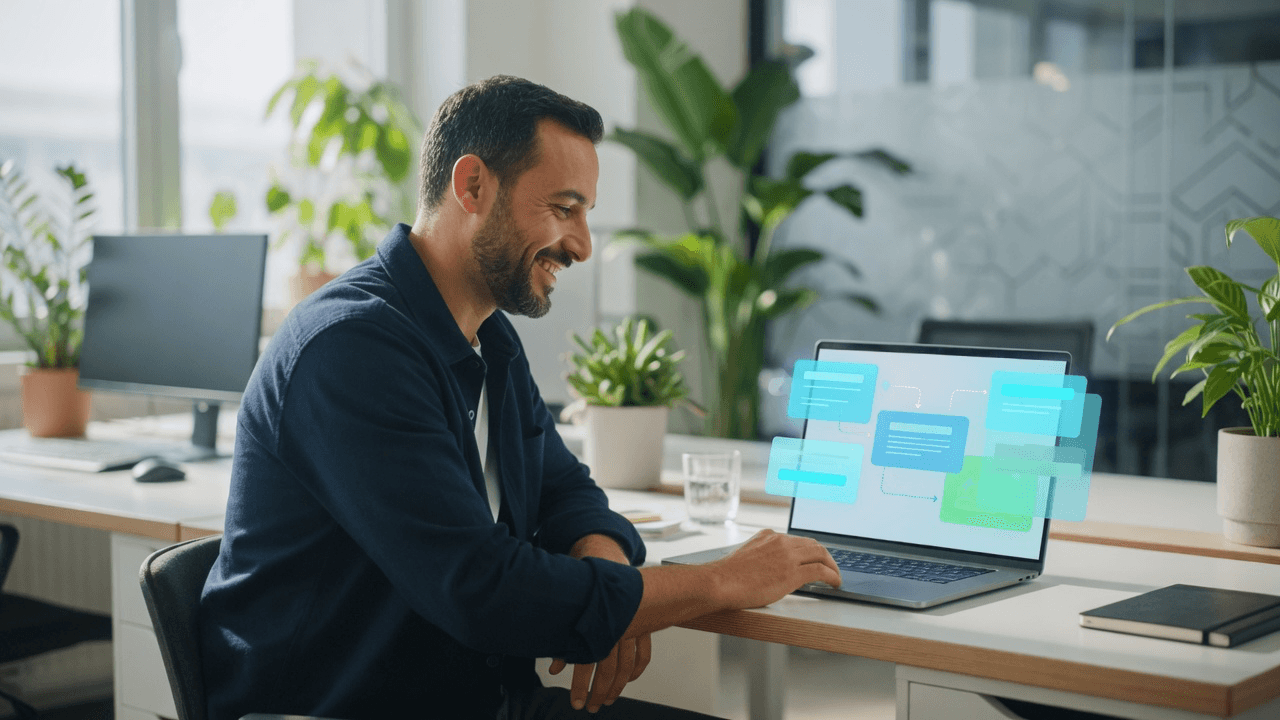 AI-generated sales operator smiling while reviewing an AgentJara-style workflow on a laptop