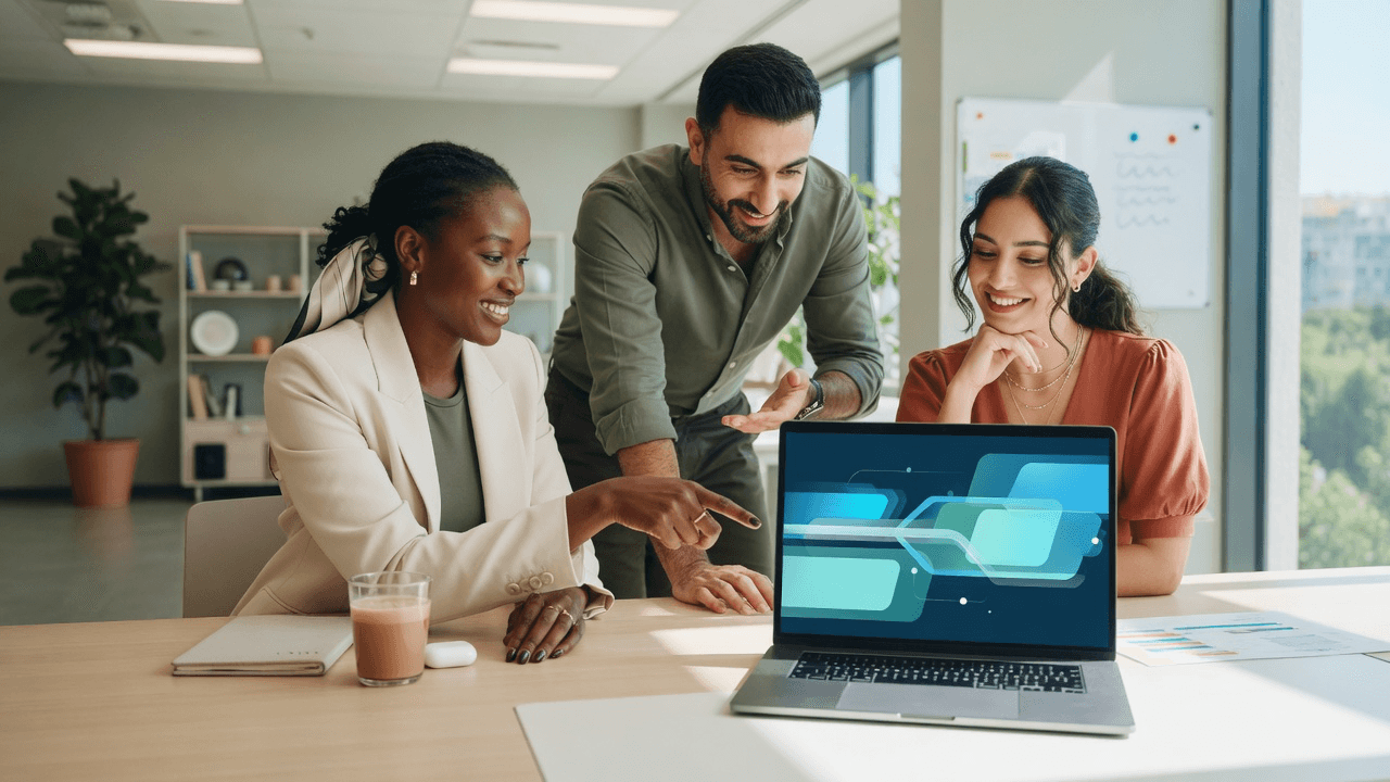 AI-generated revenue team collaborating happily around an AgentJara-style product workflow